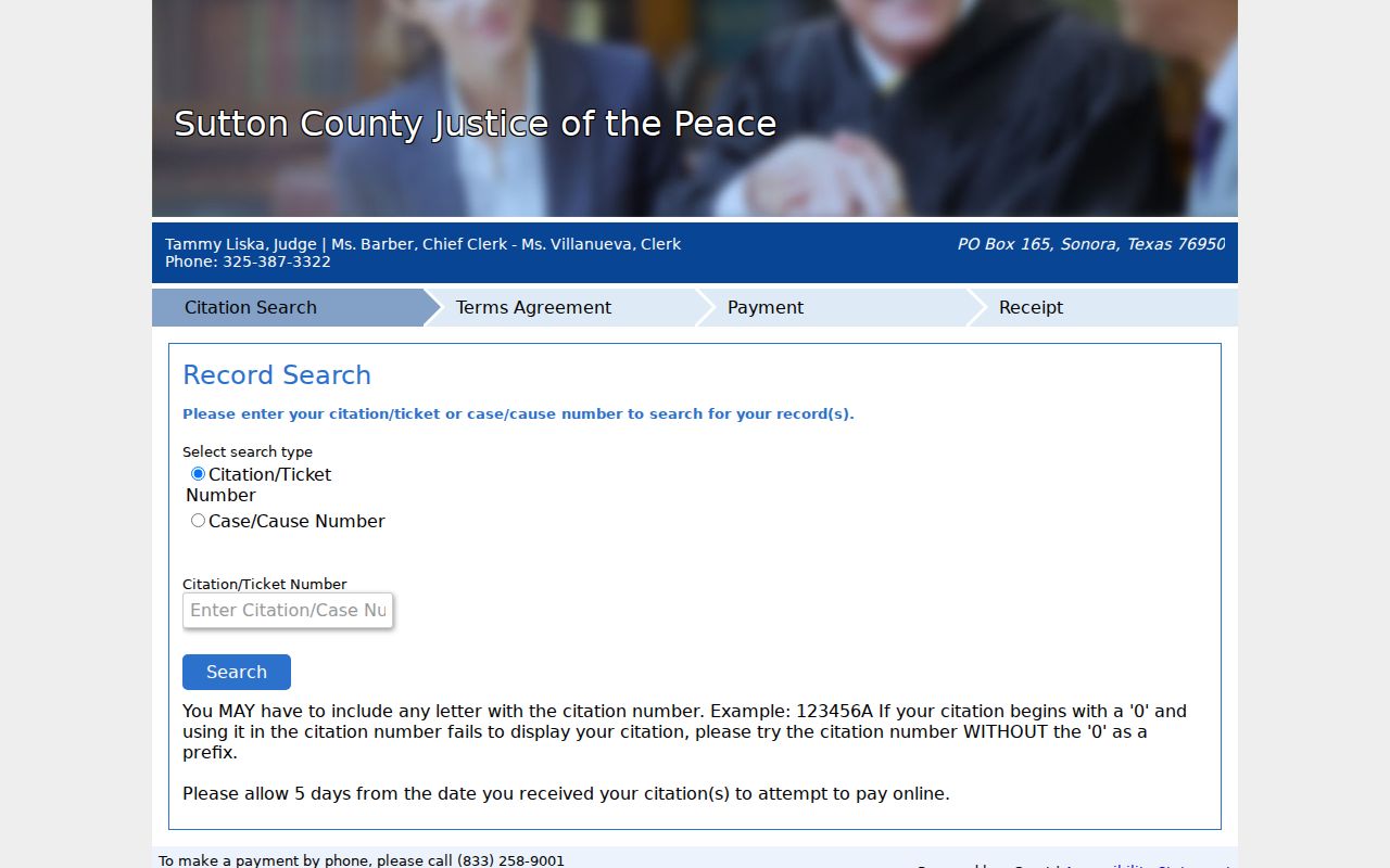 Sutton County traffic warrant information, county-linked vendor ticket payment interface