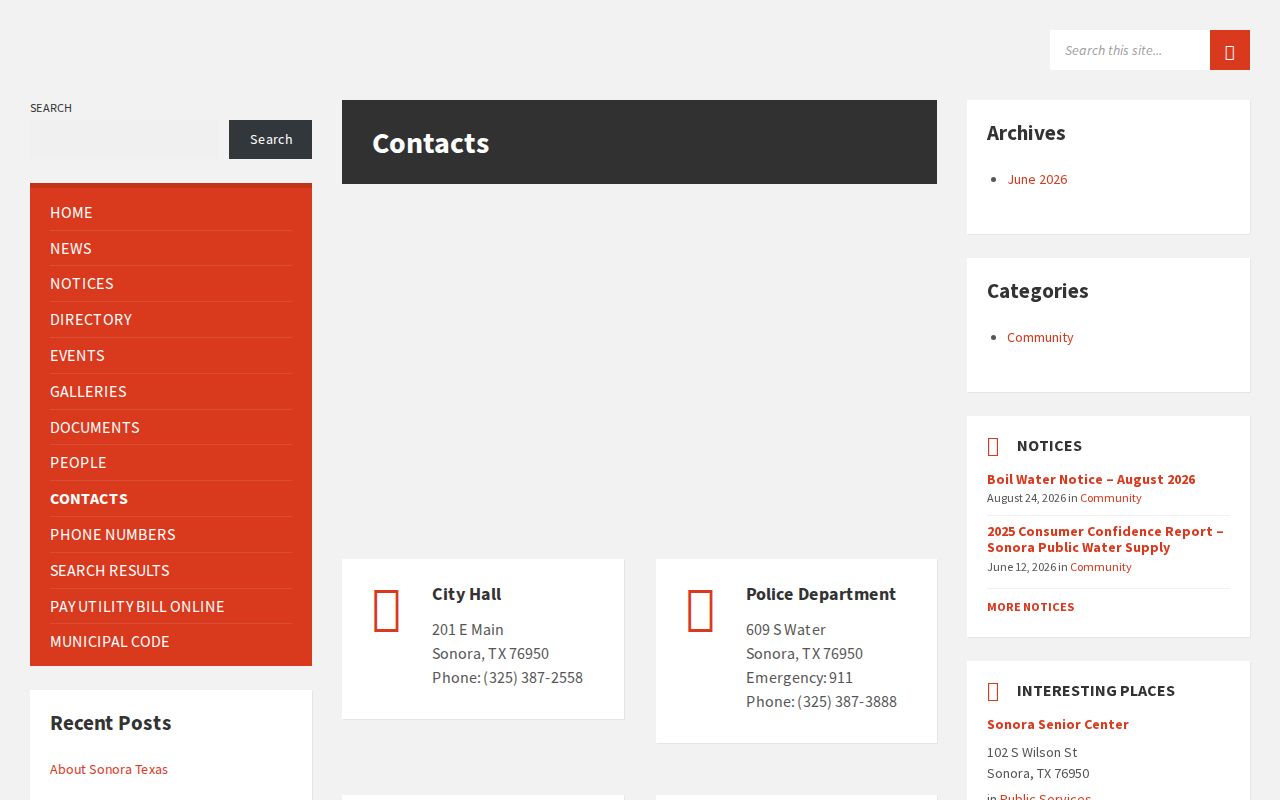 Sutton County municipal warrant records, Sonora City Hall and official contact page