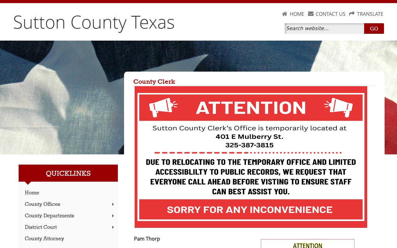 Sutton County warrant records, County and District Clerk contact and docket links