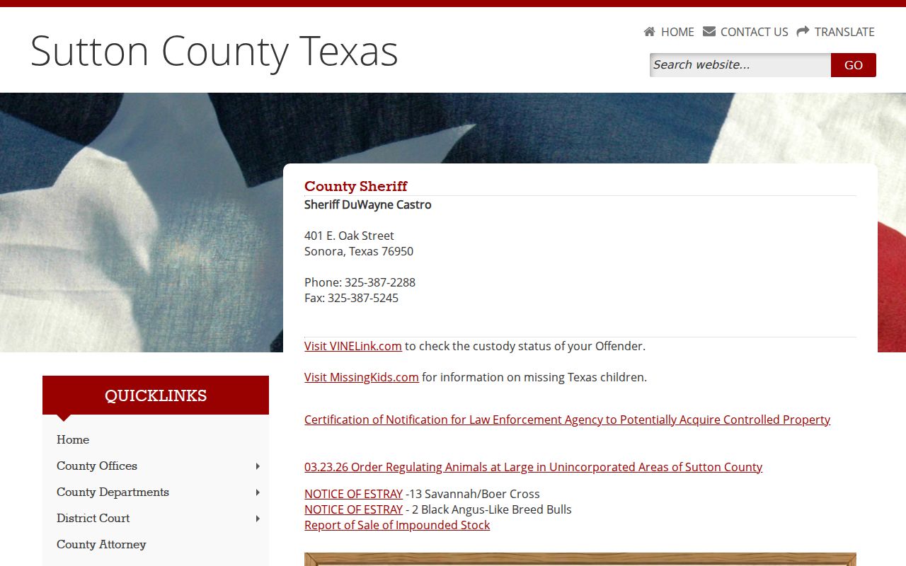Sutton County active warrant records, Sheriff's Office contact and VINELink link